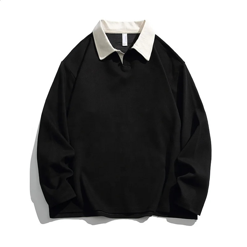 Half open polo shirt collar sweater mens spring fashion couple Japanese retro long sleeved T-shirt mens pullover 240927