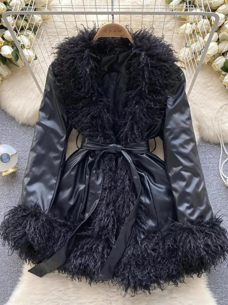 Winter Fashion Womens Black Fur Collar Leather Coat Brown Thick Loose Long Sleeve Bandage Artificial Fur Pu Jacket Womens 240923
