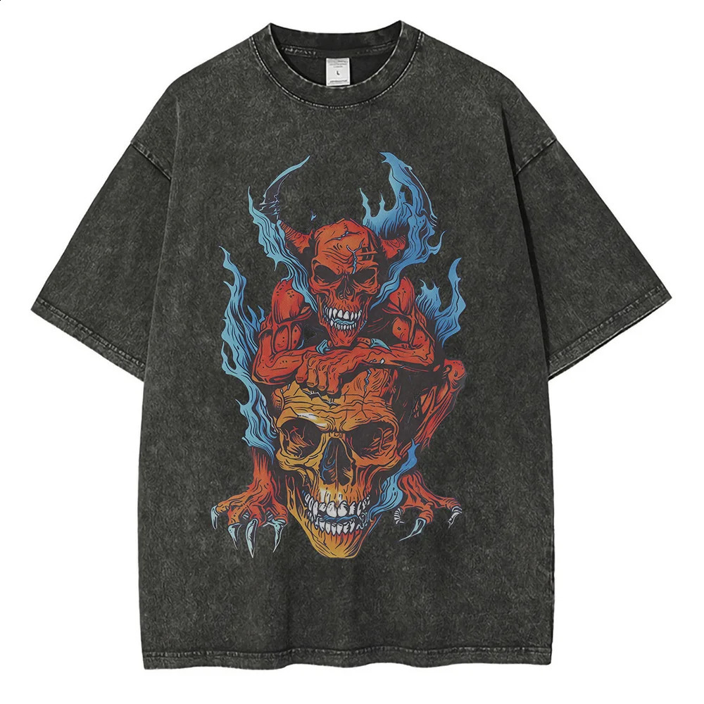 Red Devil Skull Graphic T-shirt lightweight pure cotton masochist washed T-shirt high contrast printing vintage oversized mens top 240927