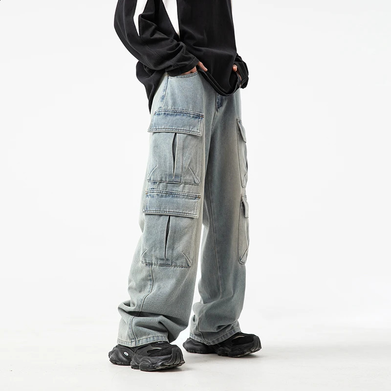Work clothes with multiple pockets jeans mens retro Japanese style casual pants rural trend loose pants 240927