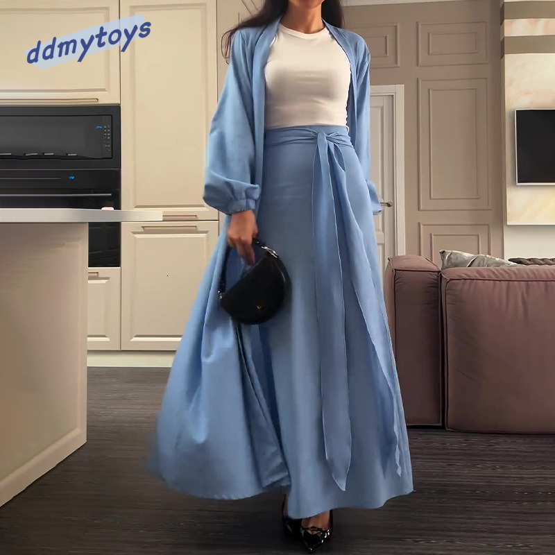 Dongdumaoyi Satin Bubble Satin Gobeves Elegant Cardigan Robe lié à moitié corps long jupe en deux pièces F0926 # 80