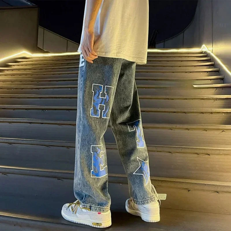 Trouser Star mens jeans worn on the street straight jeans wide legs printed with loose graphic patterns high-quality clothing Y2k 2000 240927