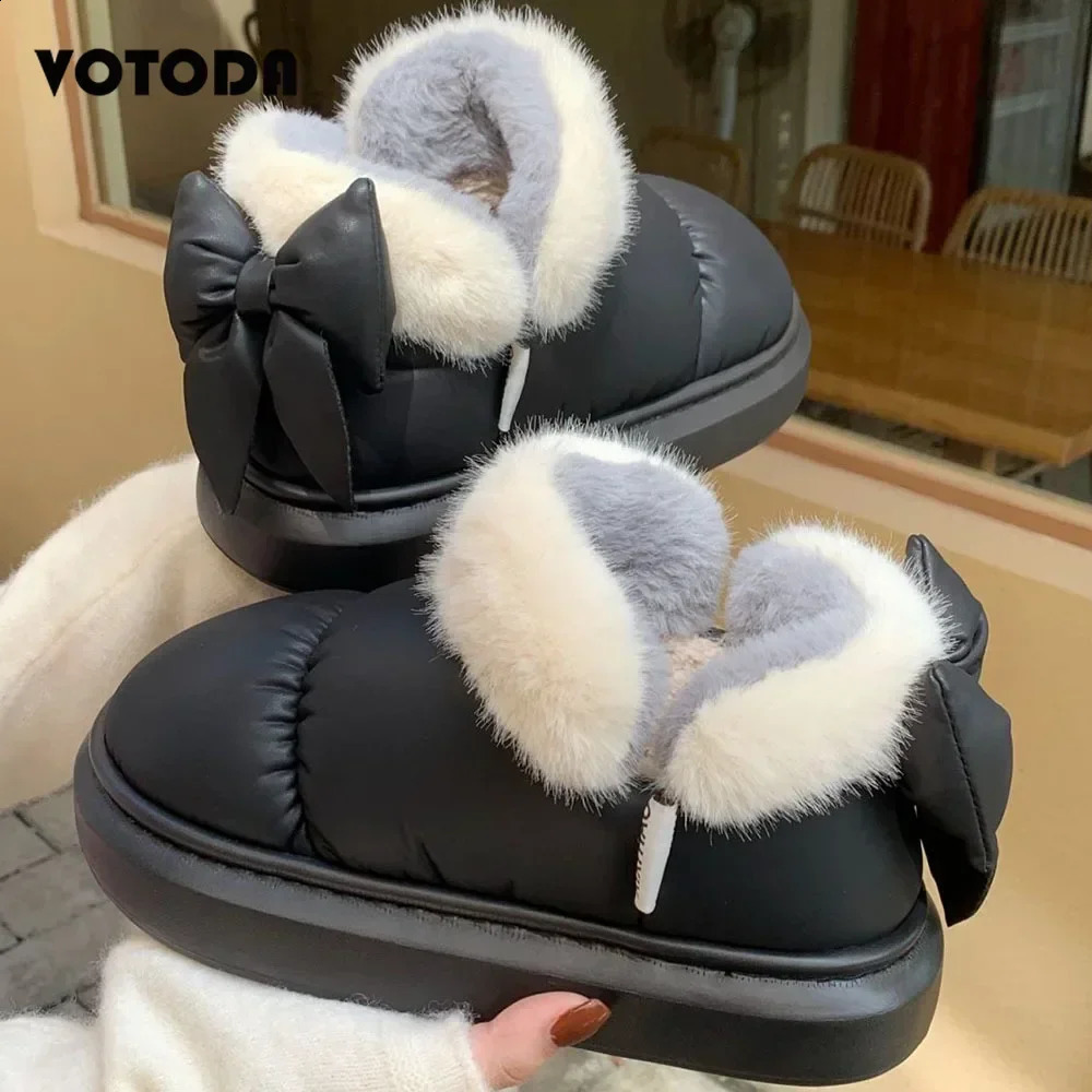 Winter womens cute and warm ankle boots outdoor anti slip thick soled snow boots fur bow cotton shoes mens Pu waterproof plush boots 240926
