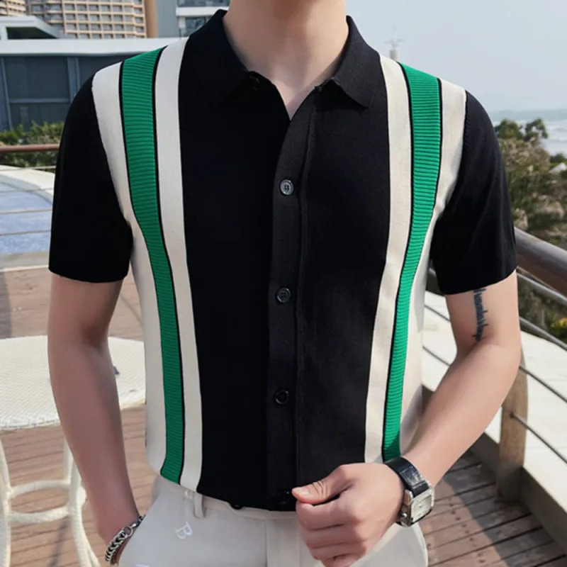 Striped polo shirt panel color contrast striped cardigan wool sweater mens ultra-thin lapel summer mens short sleeved knitted polo shirt mens 240927