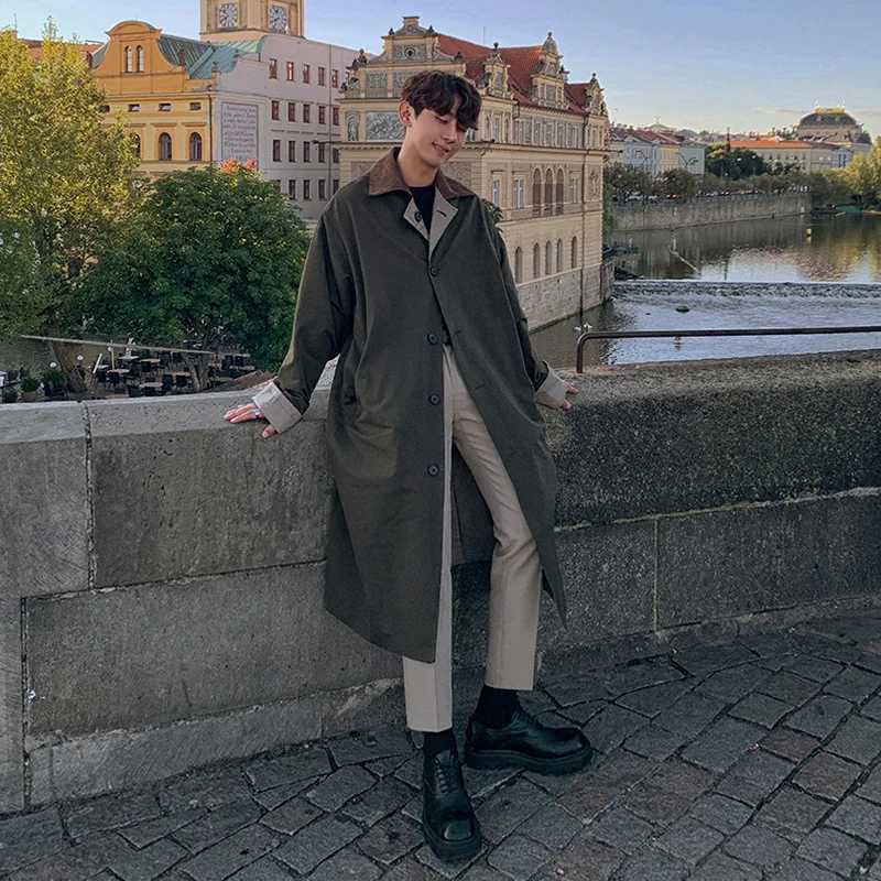 2022 Autumn New Korean Loose Windshield Color Collar Mens Medium to Long Trend Coat Mens Loose Clothing Y4570 W240926