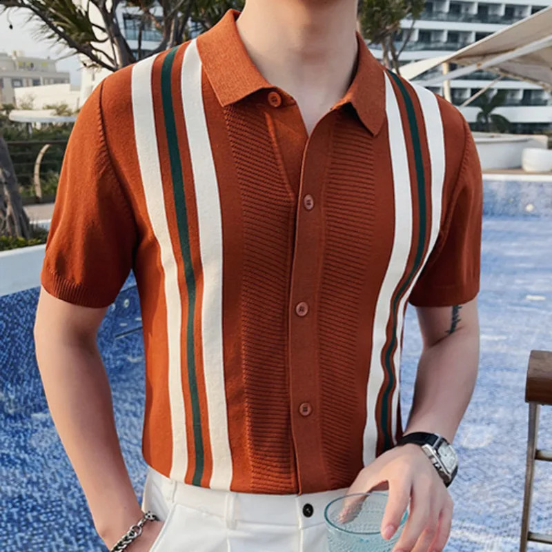 Summer mens ice silk short sleeved polo shirt UK ultra-thin lapel knitted cardigan casual striped polo shirt Camisa Hombre 240927