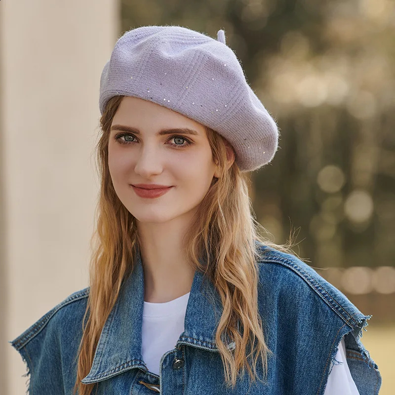 Knitted beanie womens winter wool hat sequined beret orange pink beret British style retro painter hat womens beret 240925
