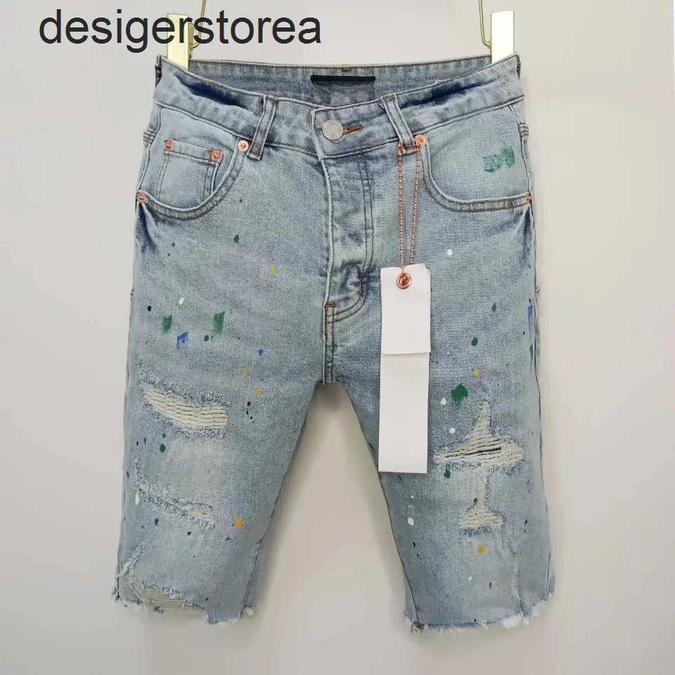 Top quality Purple ROCA brand streetwear trend with splashed ink denim shorts for men Repair Low Raise Skinny Denim pants