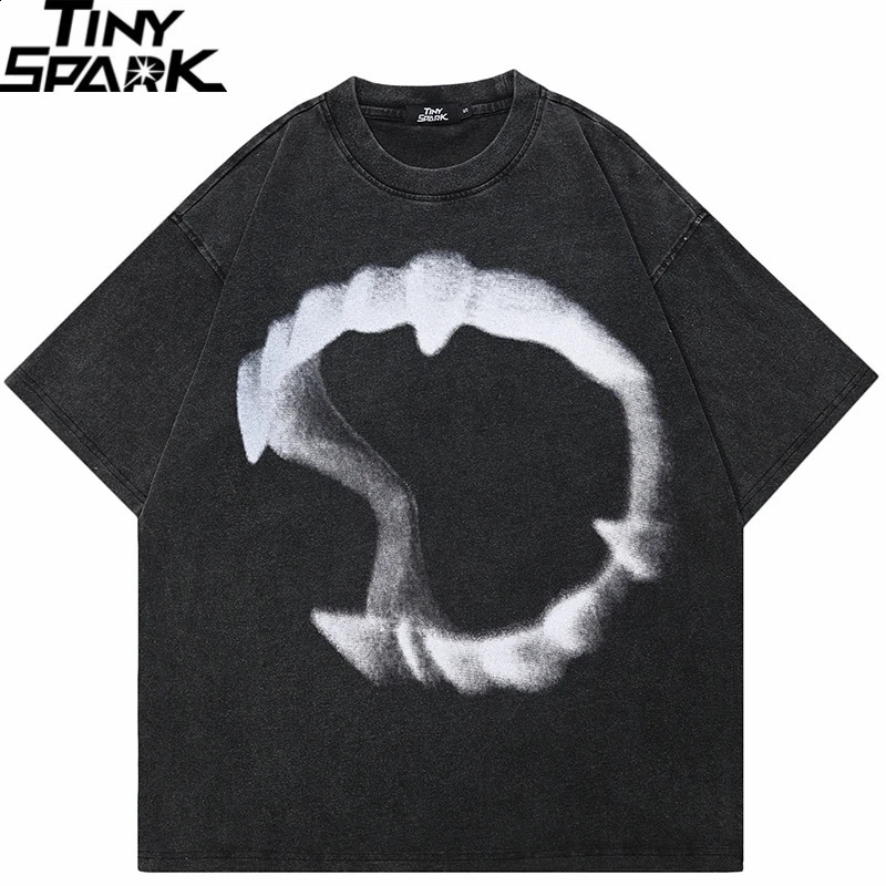 hip-hop streetwear mens T-shirt oversized animal tooth graphic T-shirt retro washed black unisex T-shirt cotton top T-shirt 240927
