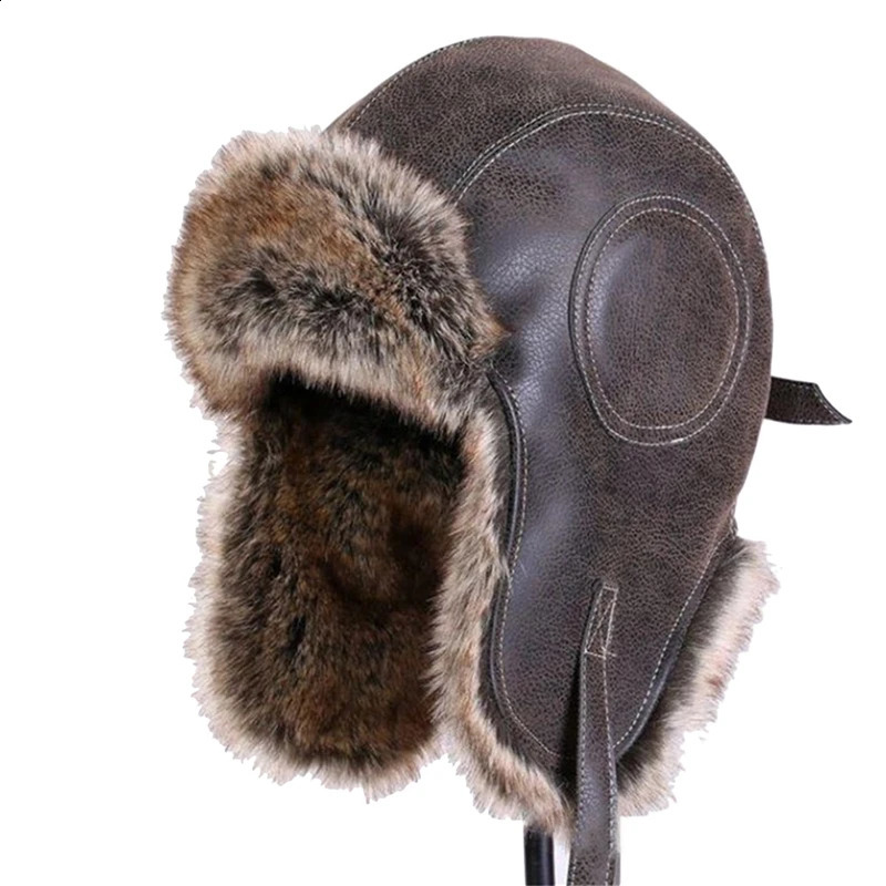 Winter hat mens pilot bomber trap hat artificial fur snow hat with ear flaps windproof and warm Lei Feng hat 240926