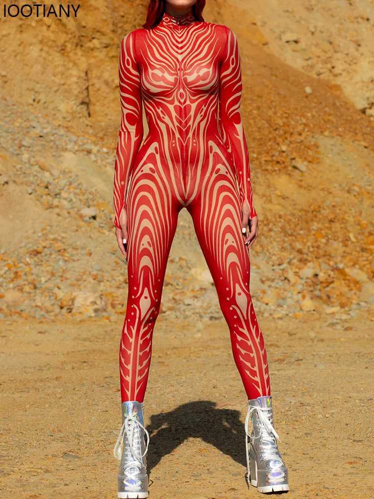 Catsuit Costumes Women Red Phantom Mesh Jumpsuit Wood Shell Mesh Bodysuit Hallown Zentai Suit Outdoor Adventure Theme Party Catsuit Rave Outfit Y