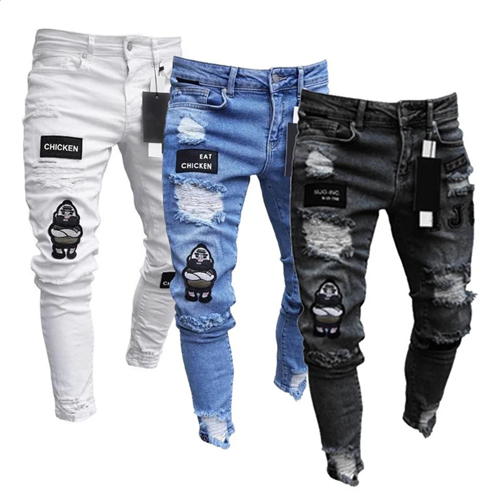 Broderie blanche Skinny Ripped Jeans Hommes Coton Extensible Trou Slim Fit Hip Hop Denim Pantalon Jeans Occasionnels pour Hommes Pantalon de Jogg