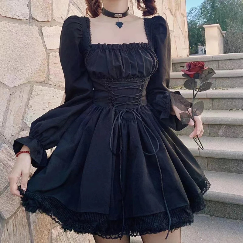 Long sleeved Lolita black dress Gothic aesthetic puff sleeves high waisted retro belt lace decoration party Gothic clothing womens clothing 24092