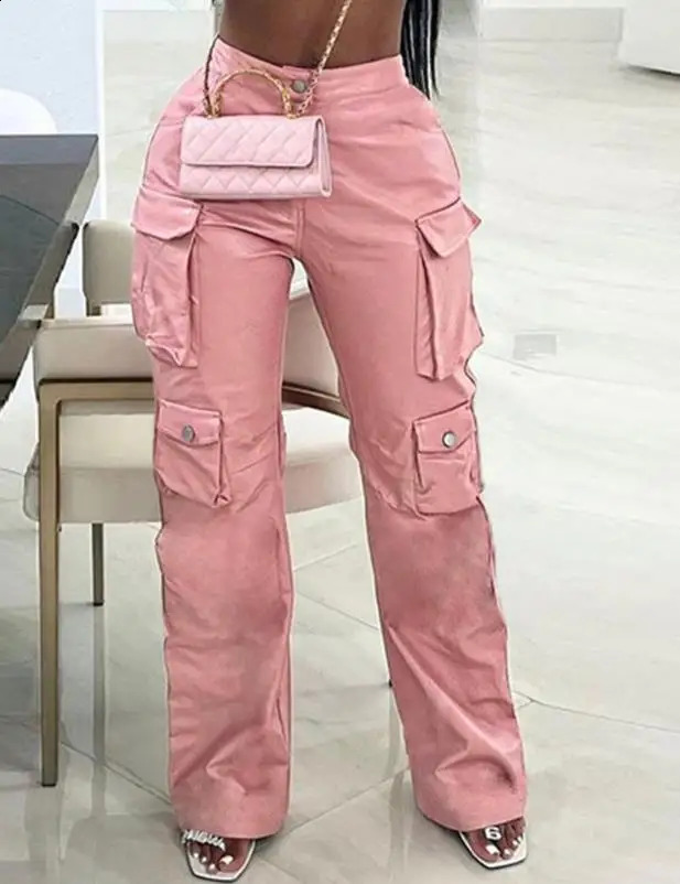 2024 Pantalon de cargaison rose pour femmes printemps jambe droite multipcanque solide n