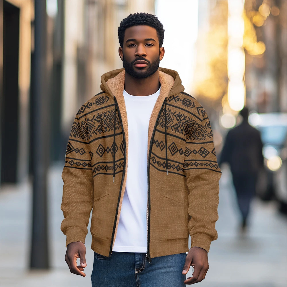 Thick Mens Wool Jacket with Hoodie Warm and Casual Winter Pullover Coat Zippered Pockets 240927