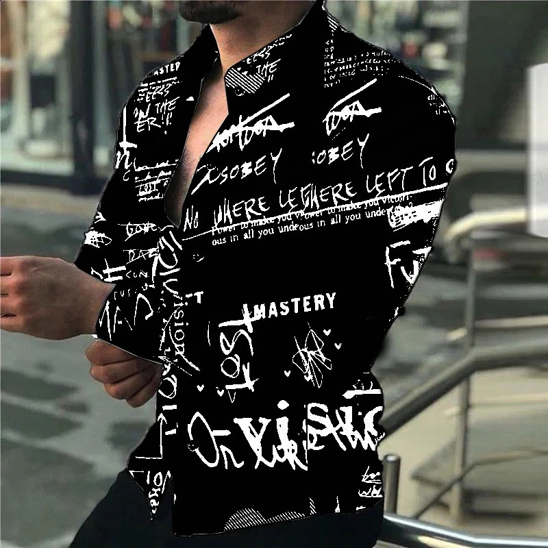 Long Sleeve Hawaiian Shirts Men Fashion Letter Shirt Black White Lepal Blouses Beach Blouse Single Breasted Camisa Vocation 240927