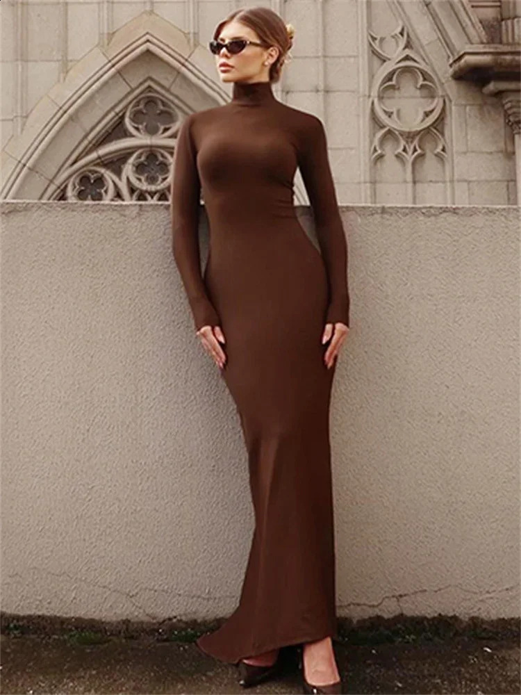 Tossy Skinny Turtleneck Backless Maxi Dress Womens Patchwork High Waist Solid Fashion Hollow Party Dress Womens Long Dress 240927