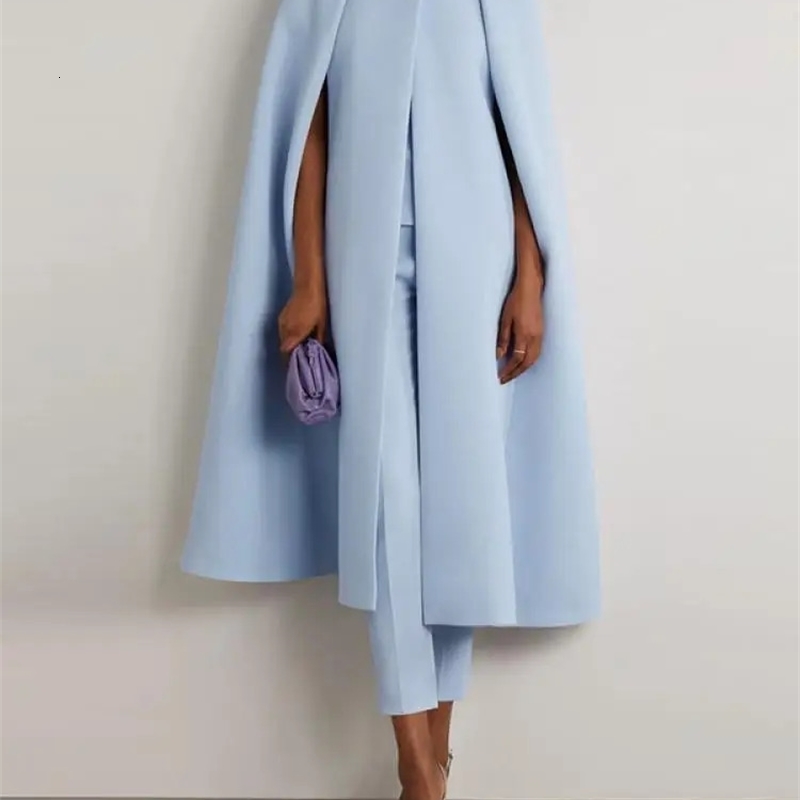 Freeacy Round Neck Cape Long Coat and High Waist Cropped Pants Urban Female Solid Color Two Piece Set Womens Autumn Suits 240926 de