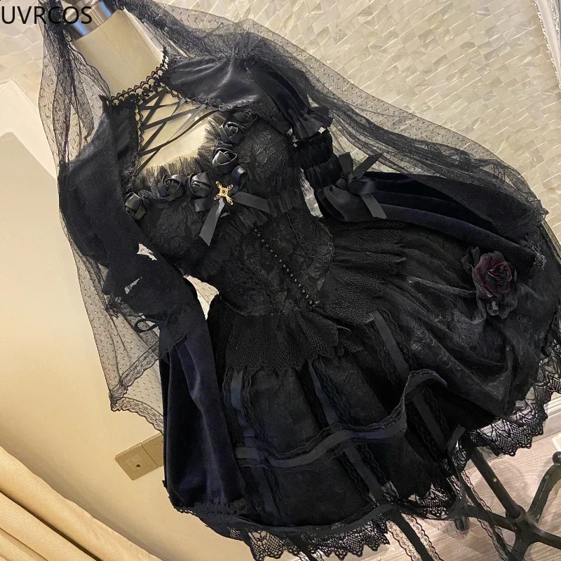 Japanese Victorian Gothic Lolita Dress Retro Girl Sweet Lace Rose Princess Holiday Party Dress Black Role Playing Sliding Dress 240923