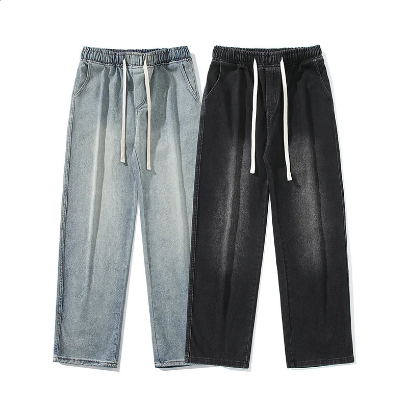 Spring and autumn retro loose straight jeans mens bag pants Korean fashion wide leg pants brushed elastic waist casual mens style 240927