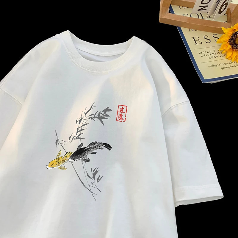 Inkjet fish pattern short sleeved T-shirt mens T-shirt loose round neck top fashionable unisex style 240927