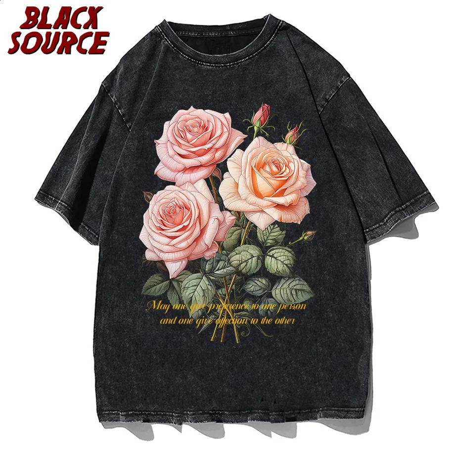 Summer mens T-shirt retro wash flower cluster portrait printing T-shirt cotton super large image T-shirt 240927