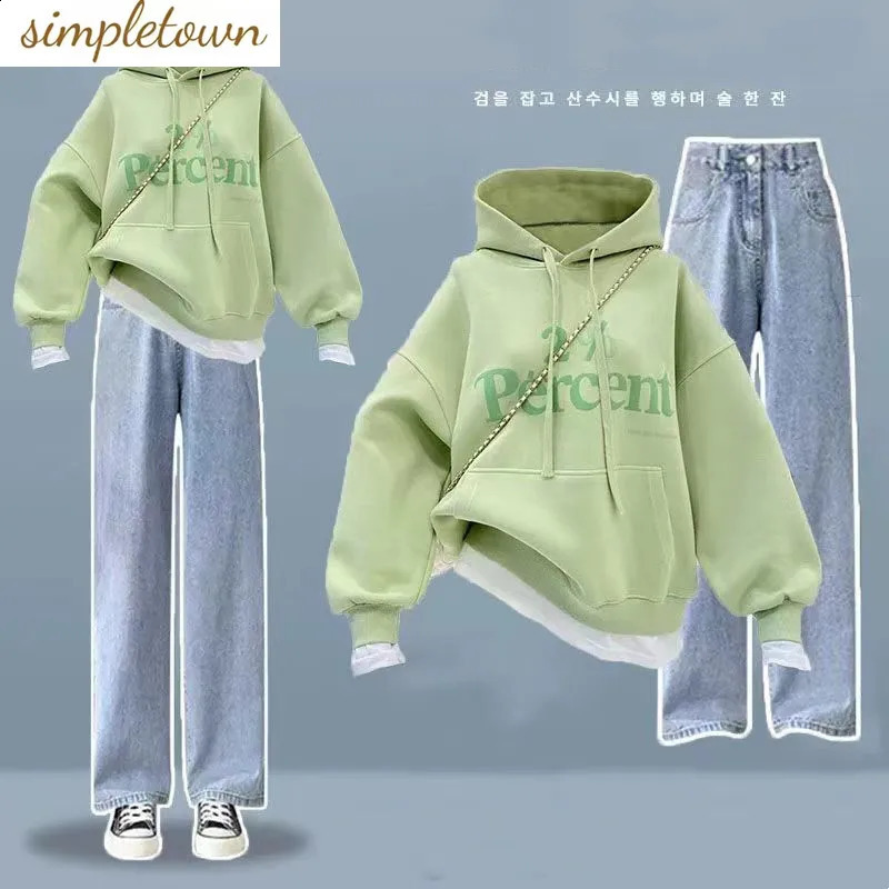 Spring/Summer Set Womens Loose Set Two Piece Printed Hoodie SweaterWide Leg Jeans Two Piece Set Fashionable 240927