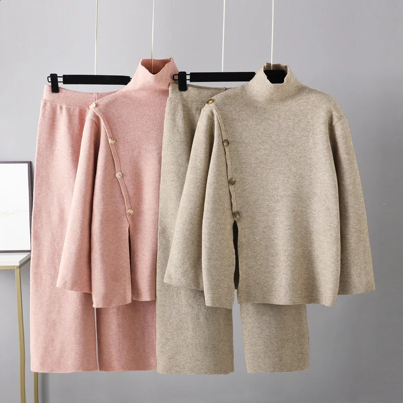 HLBCBG Womens Casual Loose Sweater Set Solid Color Turtle Neck Knitted Pullover Sweater Set Wide Leg Pants Knitted 2-piece Set 240927