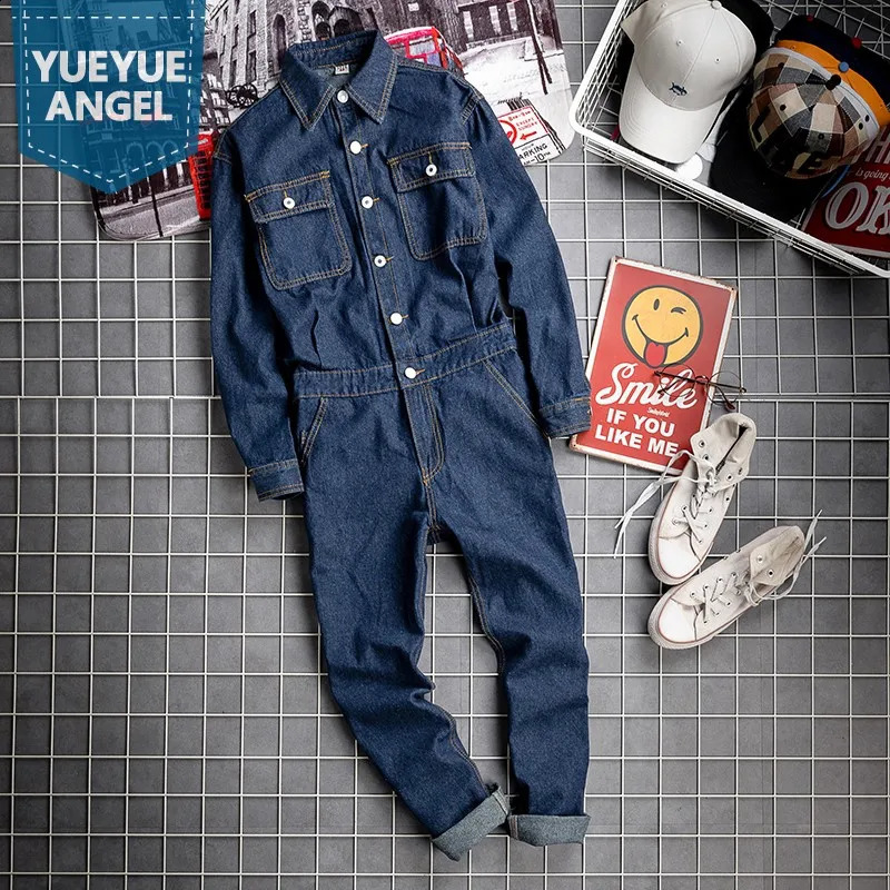 Safari style mens autumn long sleeved denim jacket casual work cargo pants ultra-thin jeans jumpsuit retro denim jumpsuit 240927