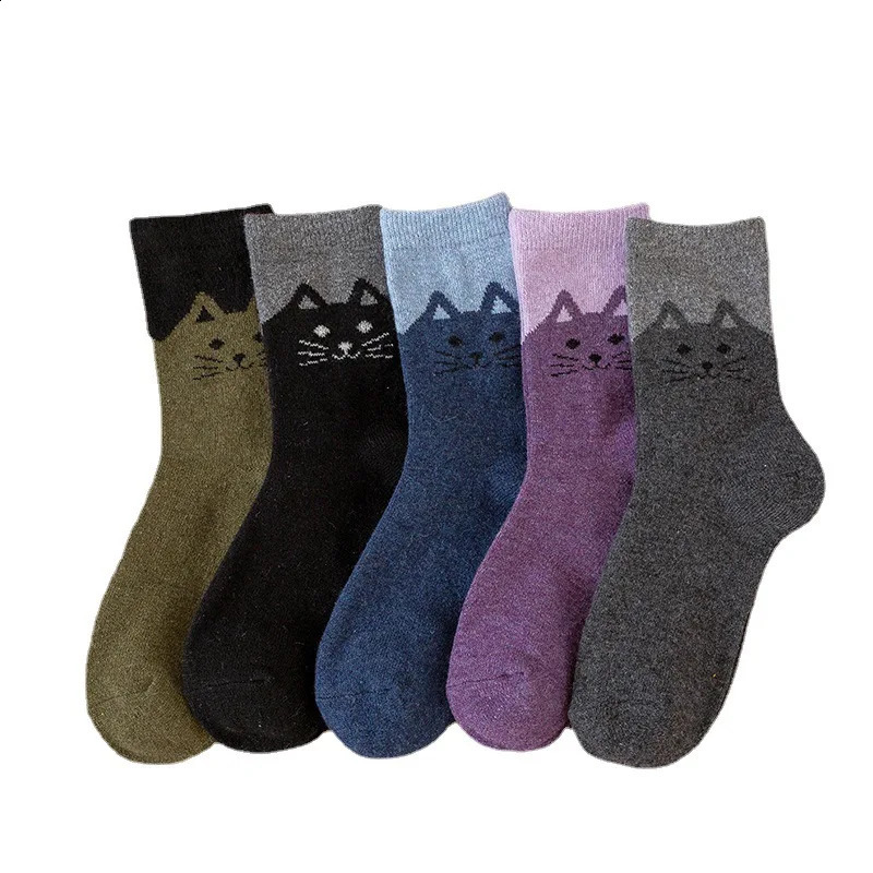 5 pairs of autumn and winter womens cute wool outdoor calf cartoon cat thick warm ethnic style indoor floor socks 240927