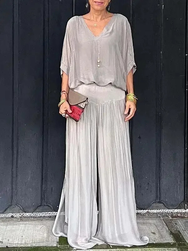 2024 Autumn Chiffon Women Suit Black Vneck Long Sleeve Top Wideleg Pants Sets Female Elegant Fashion Casual Loose 240927 da