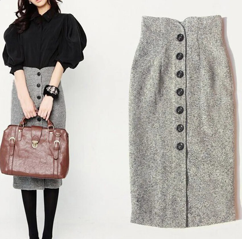 JSXDHK Fashion Office OL Women Two Piece Set Autumn Lantern Sleeve Black Shirt Tops Tweed Single Breasted Bodycon Pencil Suits 240926