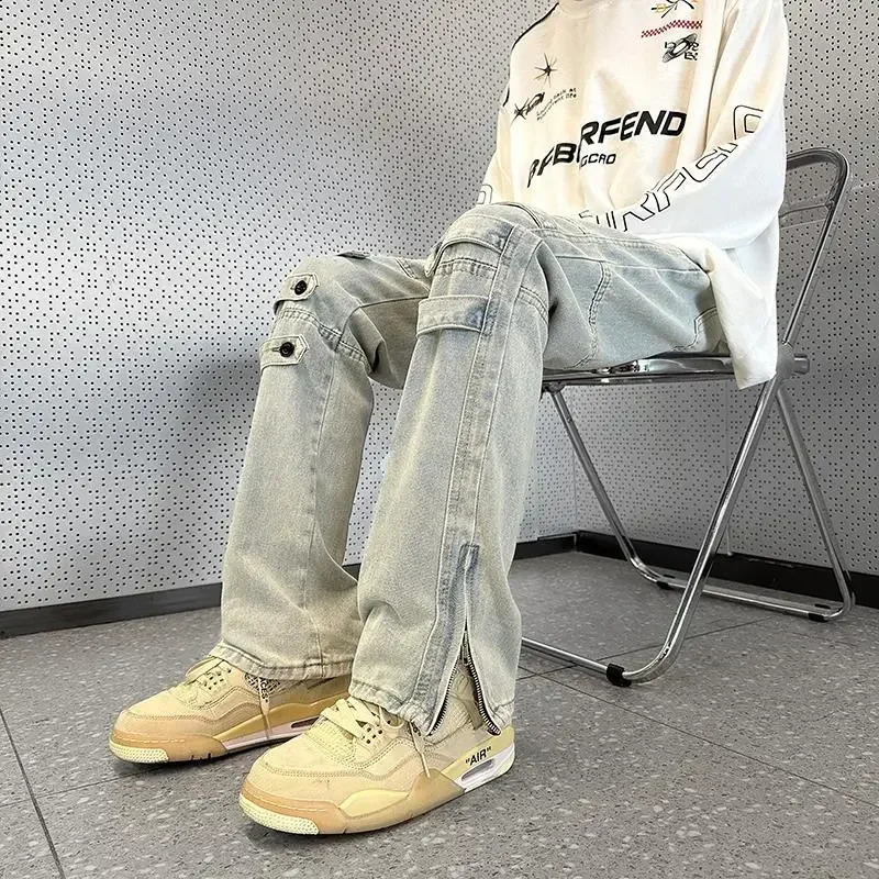 Mens Jeans Zipper Shining Punk Mens Jeans Bootcut Trouser Goods Large Size with Seam Summer Fashion Y2k Retro Style 240927