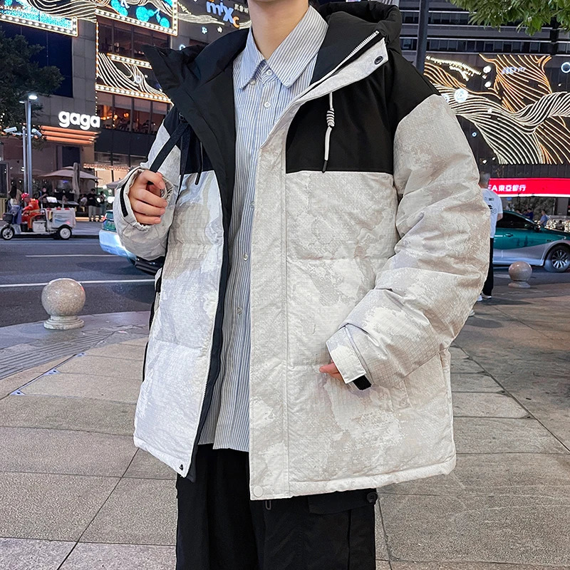 Fashionable mens hooded white duck down jacket winter casual wear warm down jacket outdoor windproof loose down jacket 240923