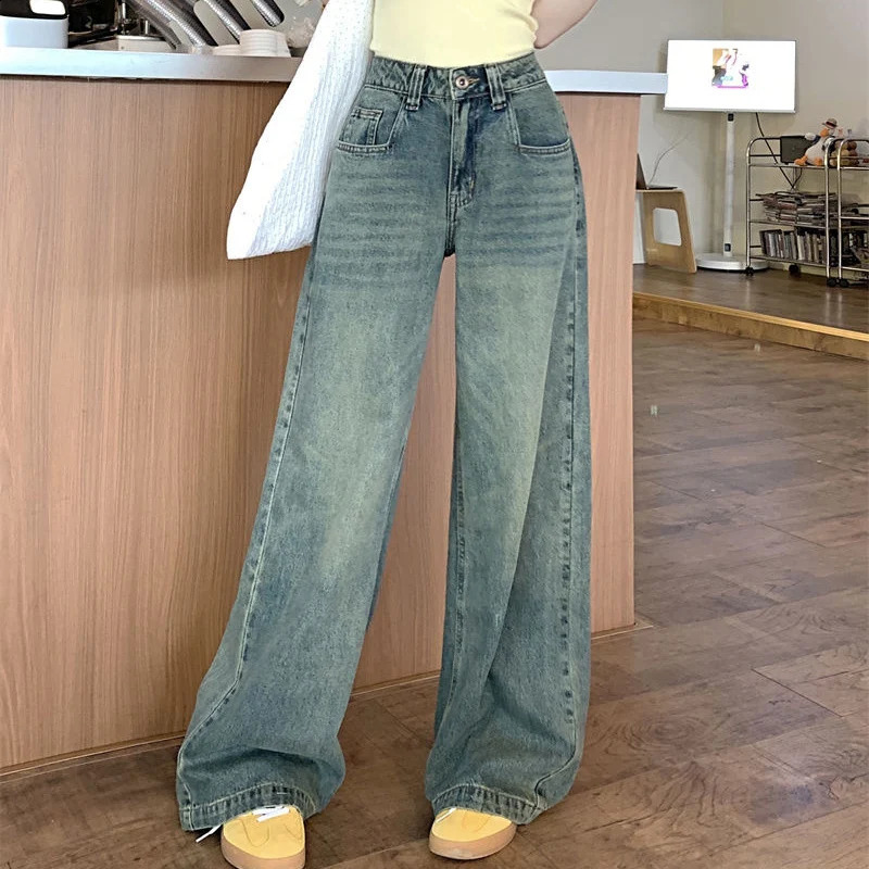 Street Clothing Y2K Bagged Wide Leg Jeans for Women Korean Style Full Set Laundry Denim Trouser for Women Retro 90S High Waist Straight Pants 240927