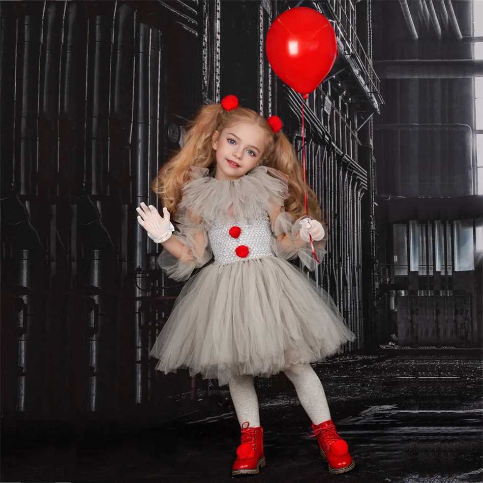 2024 Costume d'Halloween pour enfants Gris Filles Tutu Robe Enfants Cosplay Costume de Clown Effrayant Carnaval Mascarade Party Dress Up 3-12YXJ2