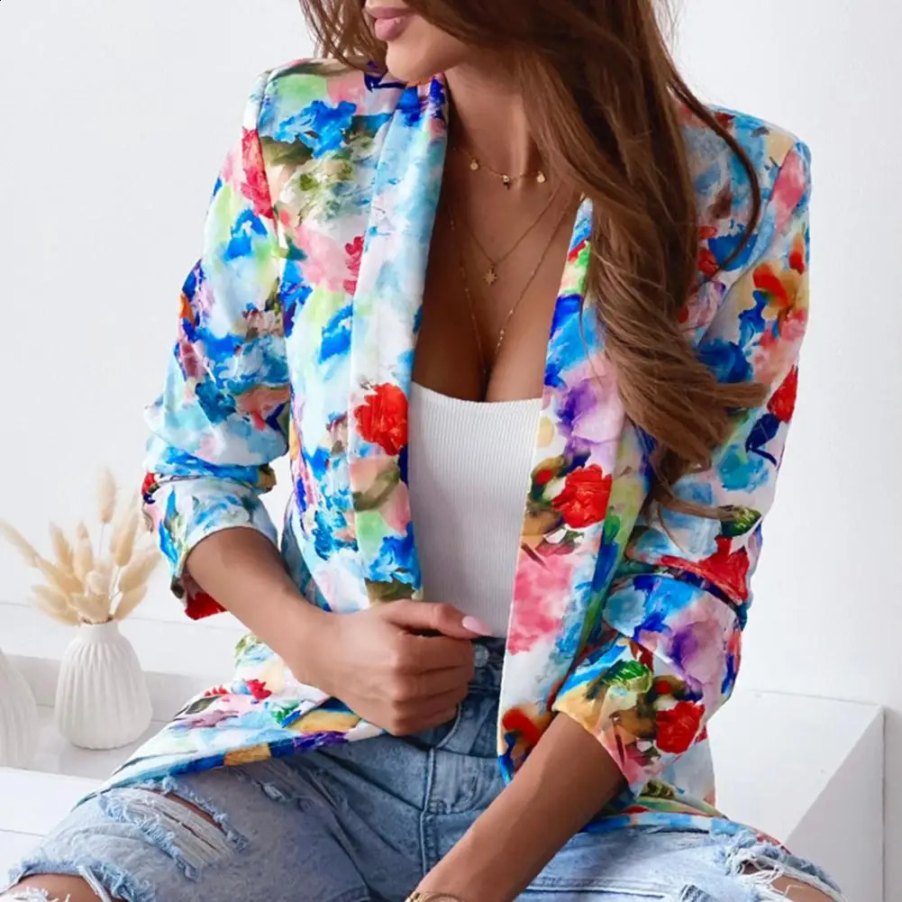 Office Fashion Blazer Womens Jacket Color Printed Ultra Thin Spring and Autumn Pocket Flower Set 240927