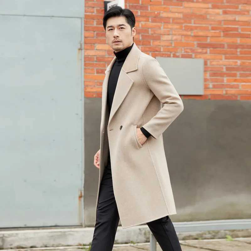Extra long double-sided mens 100% wool coat winter new warm and slim fit long sleeved mens wool coat and jacket W240926