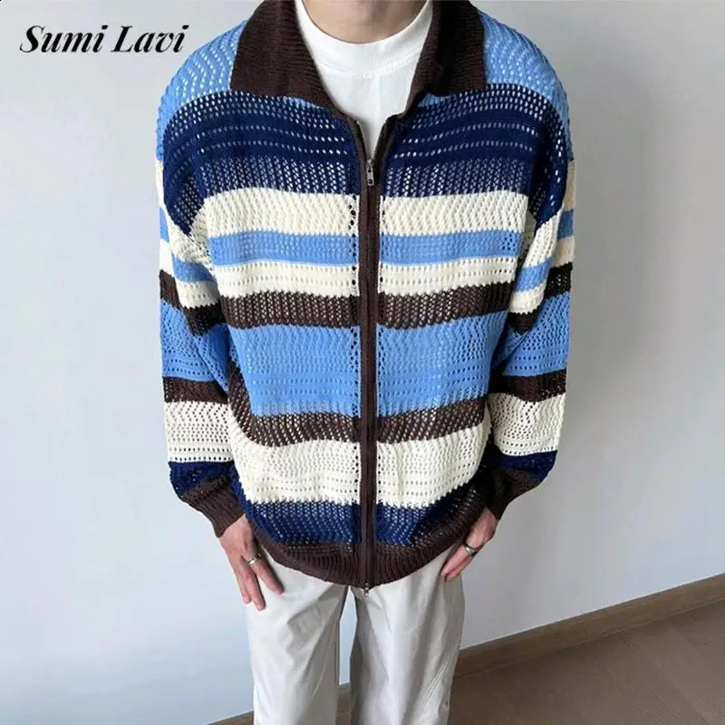 Vintage Patchwork Striped Knit Cardigans Mens Streetwear Trendy Hollow Out Long Sleeve Sweater Jacket Men Fashionable Sweaters 240910Z