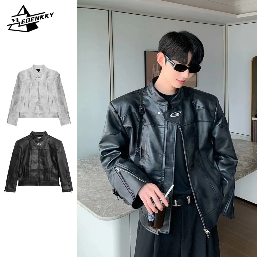 American Clean Fit Leather Jacket Mens Cropped Shoulders Padded Stand Up Collar Coat Autumn Street Slimming Casual Jacket 240927