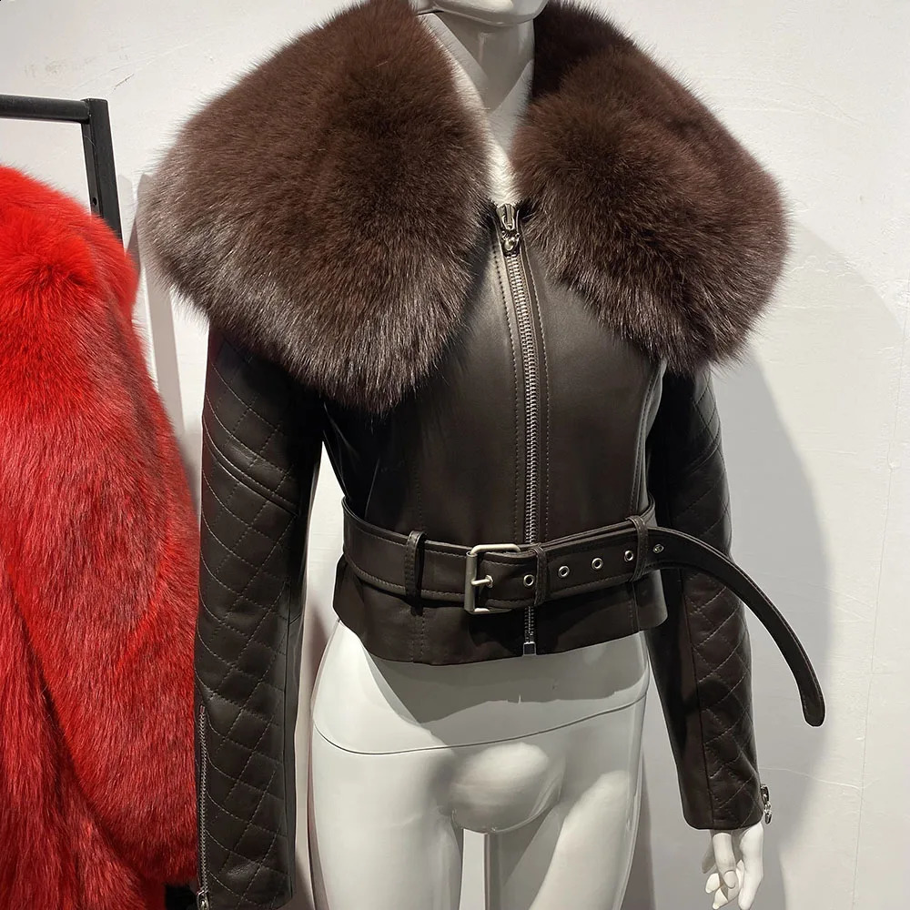 YOLOAgain Fluffy Fox Fur Collar Genuine Leather Jacket Womens Black Sheepskin Cut Jacket Womens 240923