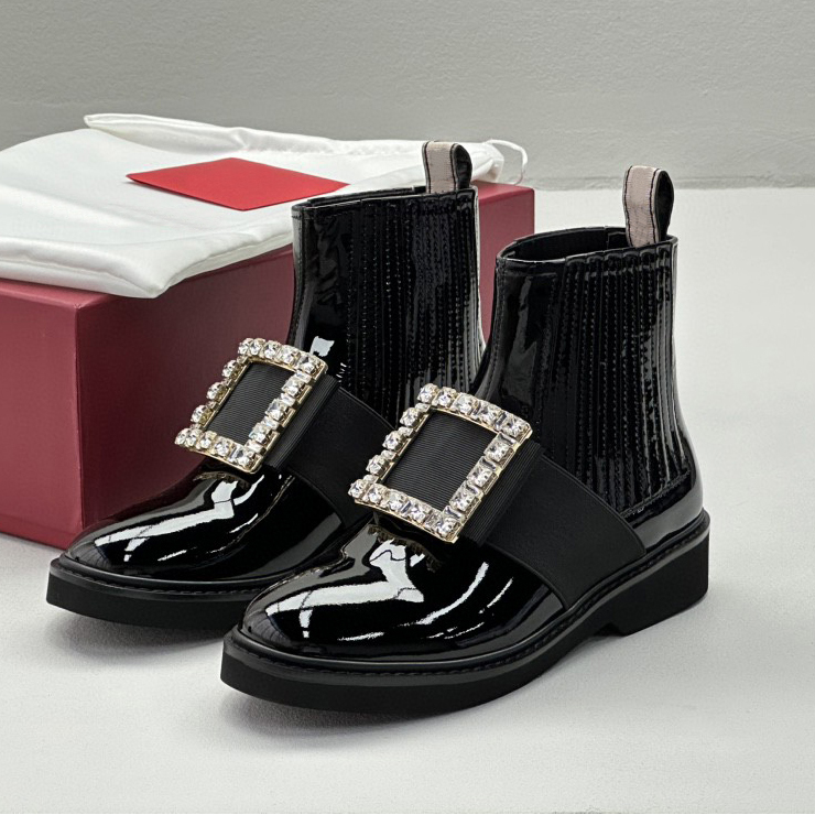 Designer shoes Round toe patent leather ankle boots Crystal inset square metal buckle decorated top quality ankle boots Dress Wedding Party Shoes