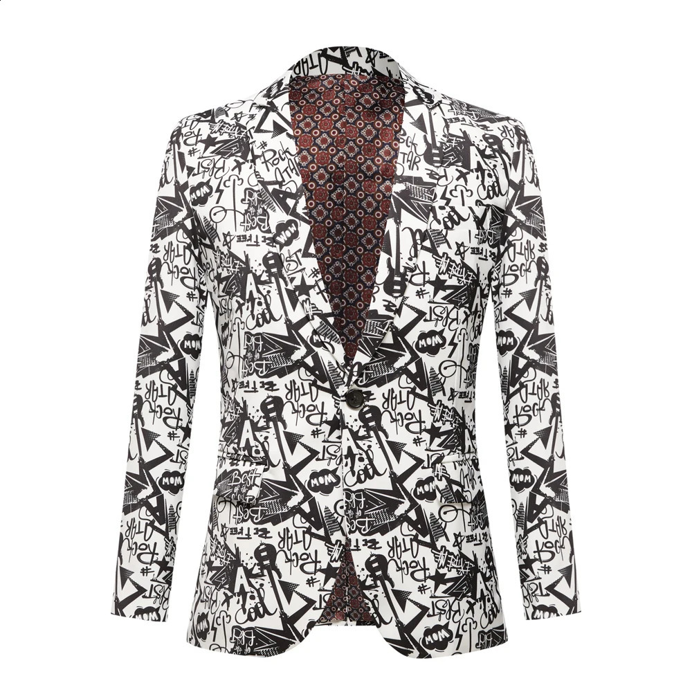 Mens black fashion suit jacket wedding groom stage singer dance party ultra-thin fit jacket black and white printed suit jacket outerwear 240927