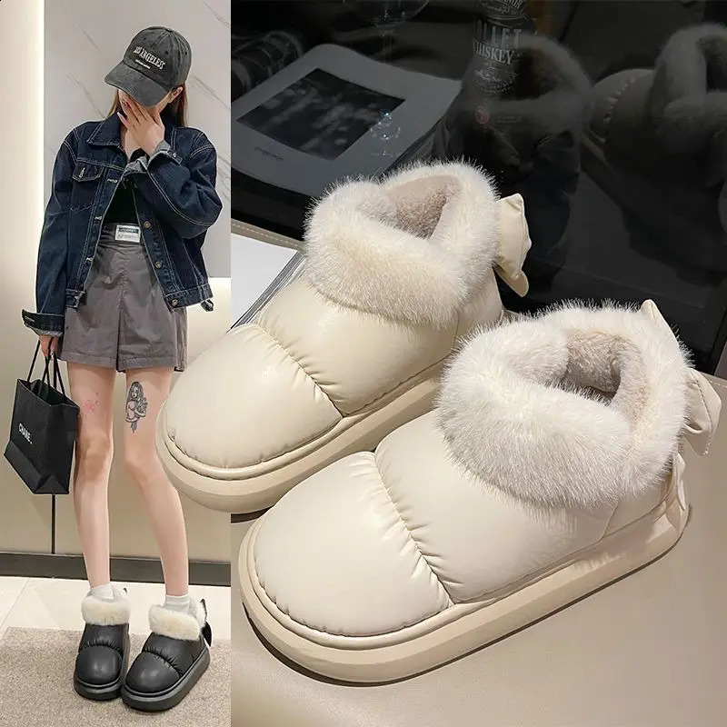 Down velvet cotton slippers with bow keep warm indoors in winter casual and non slip soft soled plush shoes waterproof boots 240926