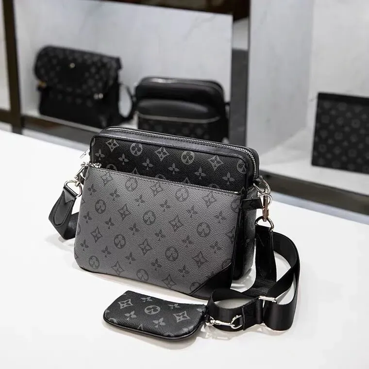 2024 Sac Bandoulière 3 en 1 Set 5A Cuir Véritable Designer Trio 3pcs Noir Homme Femme Sac à Main Pochette Détachable