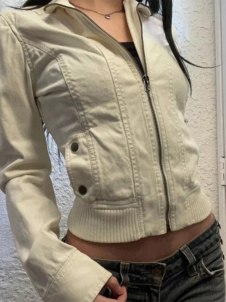 Y2k womens retro cut jacket casual long sleeved stand up collar zipper jacket spring Harajuku ultra-thin cool womens jacket 240927