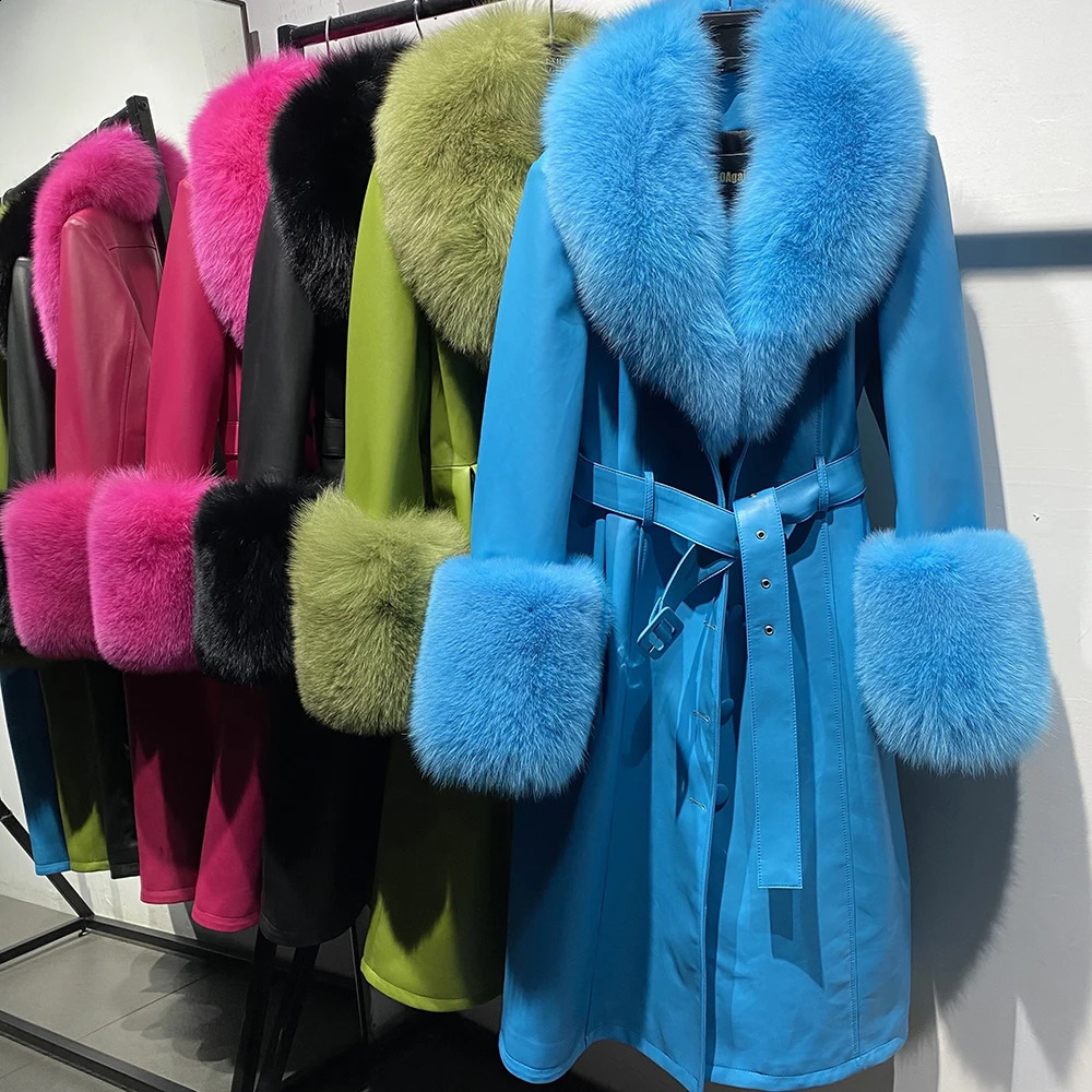 YOLOAgain Womens Genuine Fox Fur Collar Leather Trench Coat Sheepskin Jacket 240923