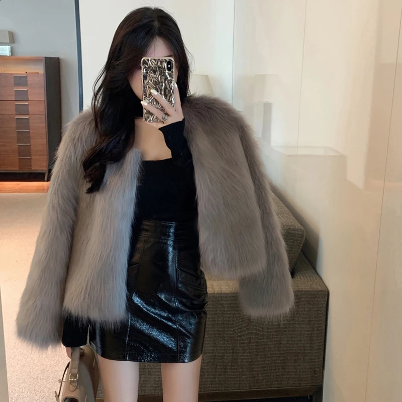 MEXZT Fashion Harajuku Artificial Fox Fur Coat Womens Winter Korean Ultra Thin Leather Jacket Womens Casual Color Open Seam Coat 240927