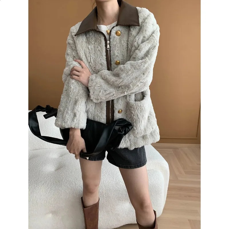 Femme en hiver chaude Col à col en cuir épissage épissant artificiel manteau de fourrure veste en veste femme top coat casaco féminino 240927