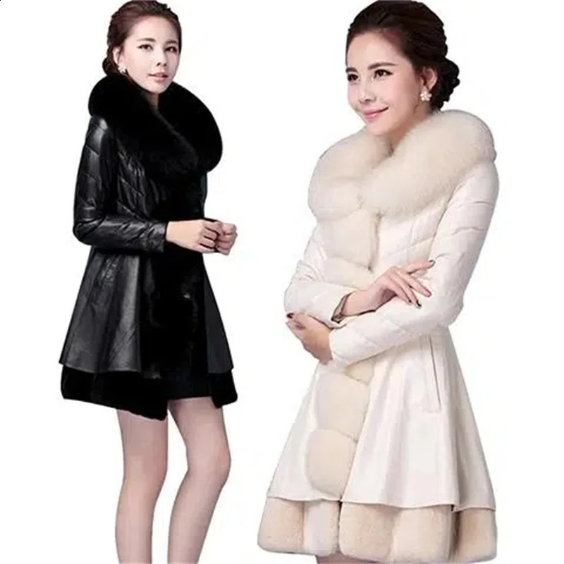 Simulated fox fur collar slim fur PU jacket autumn and winter item 9XL womens fur coat fat womens long park white 240927
